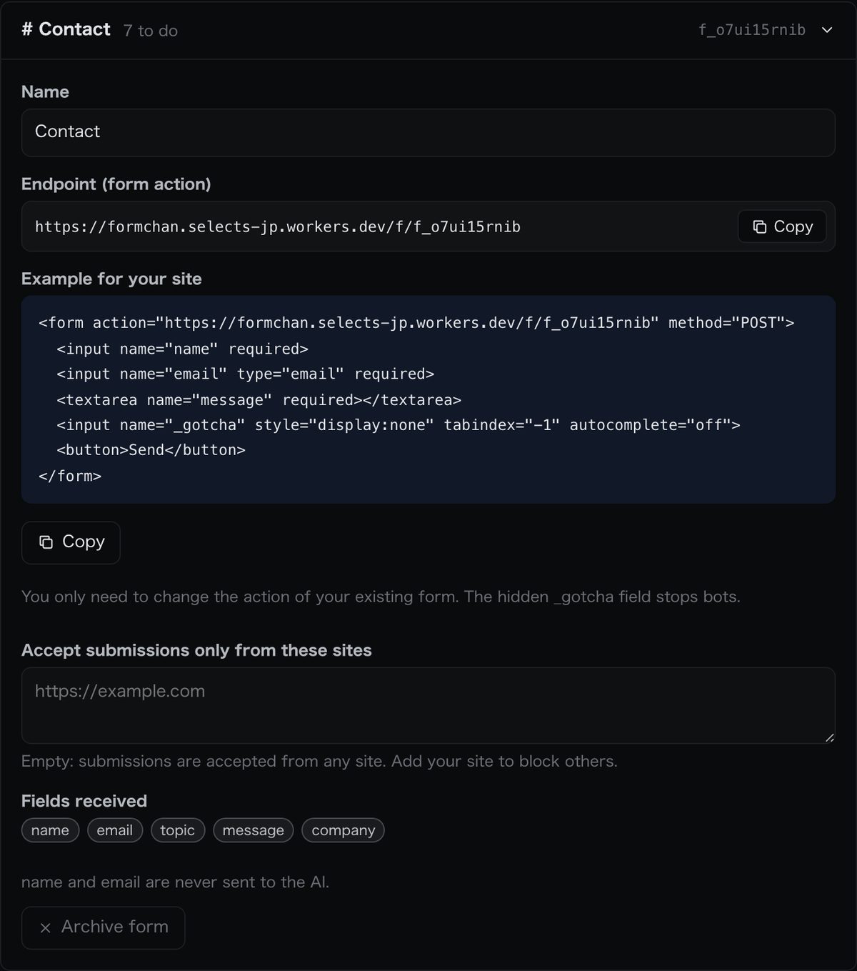 Form settings in your dashboard. The action URL and code to paste into your site are shown here.