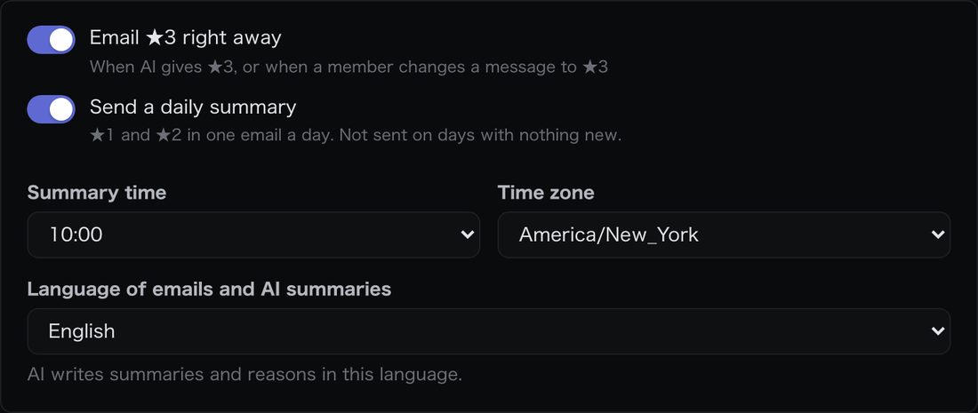 Notification settings. Turn ★3 emails and the daily summary on or off, and pick the time.