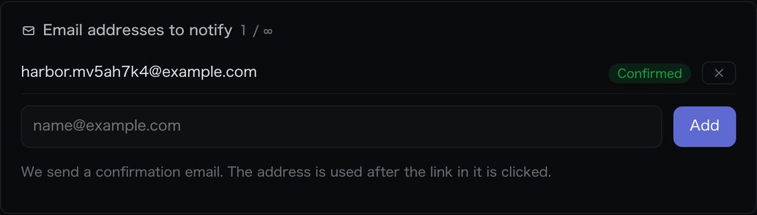 Notification addresses. Only confirmed addresses receive emails.