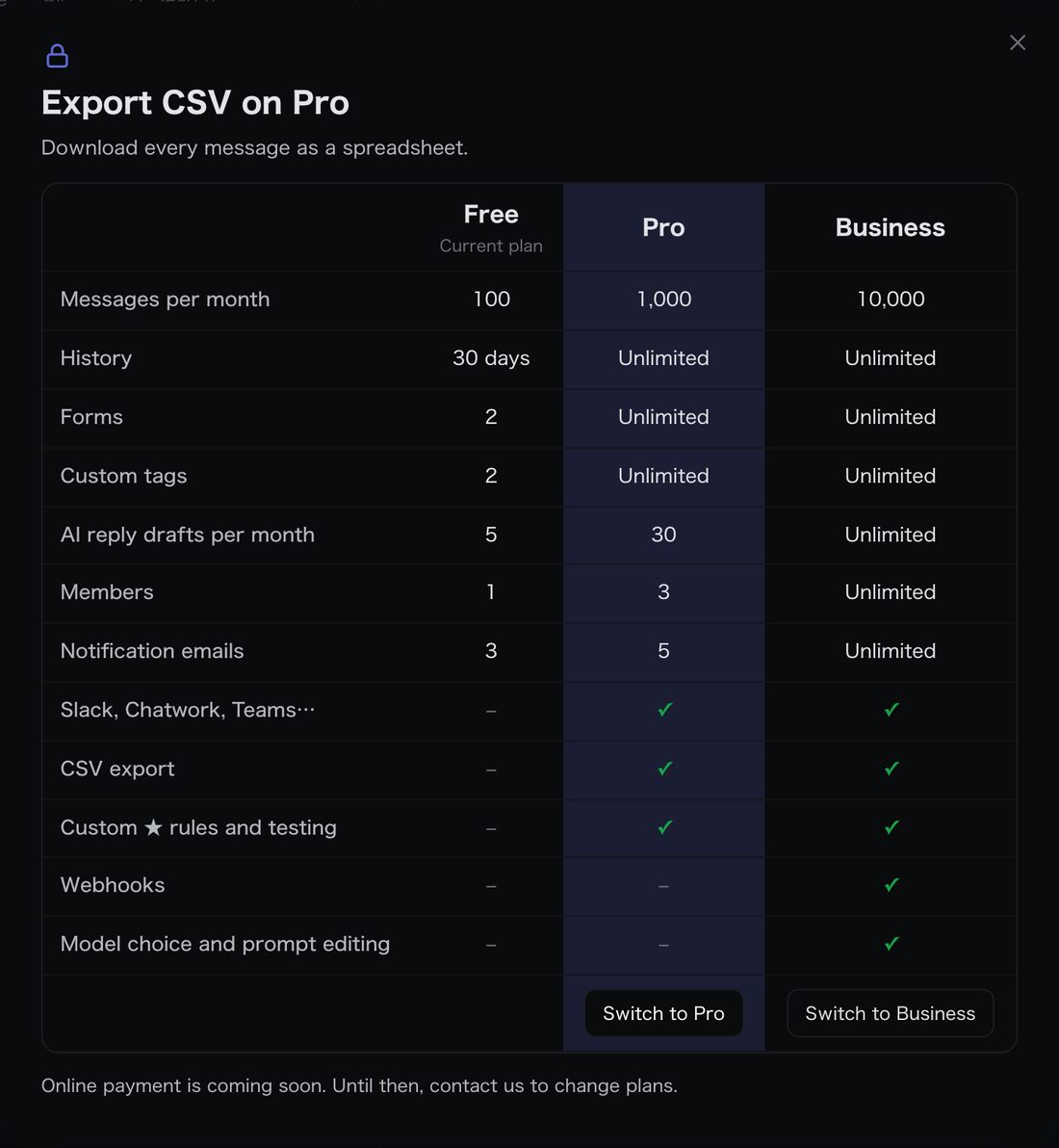 A message showing which plan includes CSV export