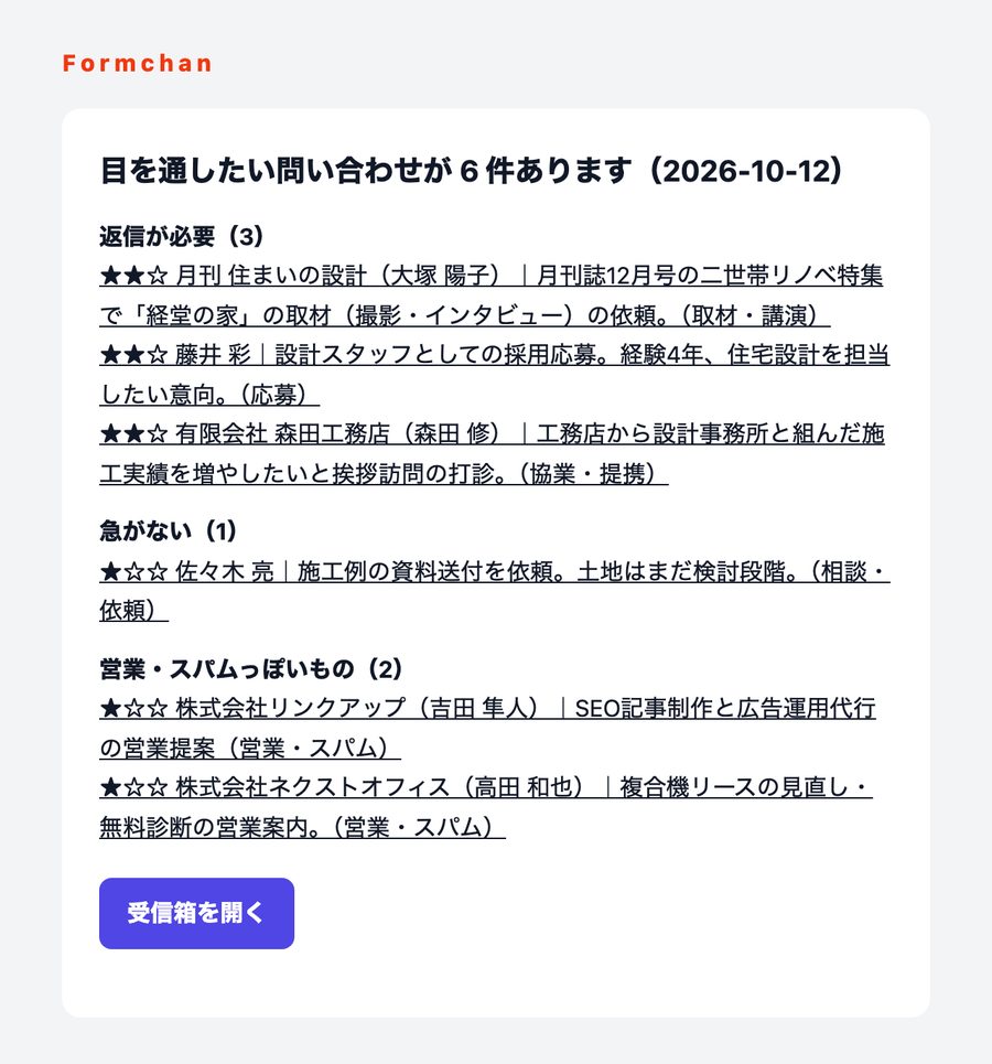 ★1・★2の問い合わせをまとめた、毎日のメール。