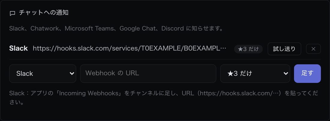 チャット通知の設定画面（プロプラン以上）。